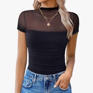 Short Sleeve Bodysuit Turtle Neck Mesh One Piece NWT